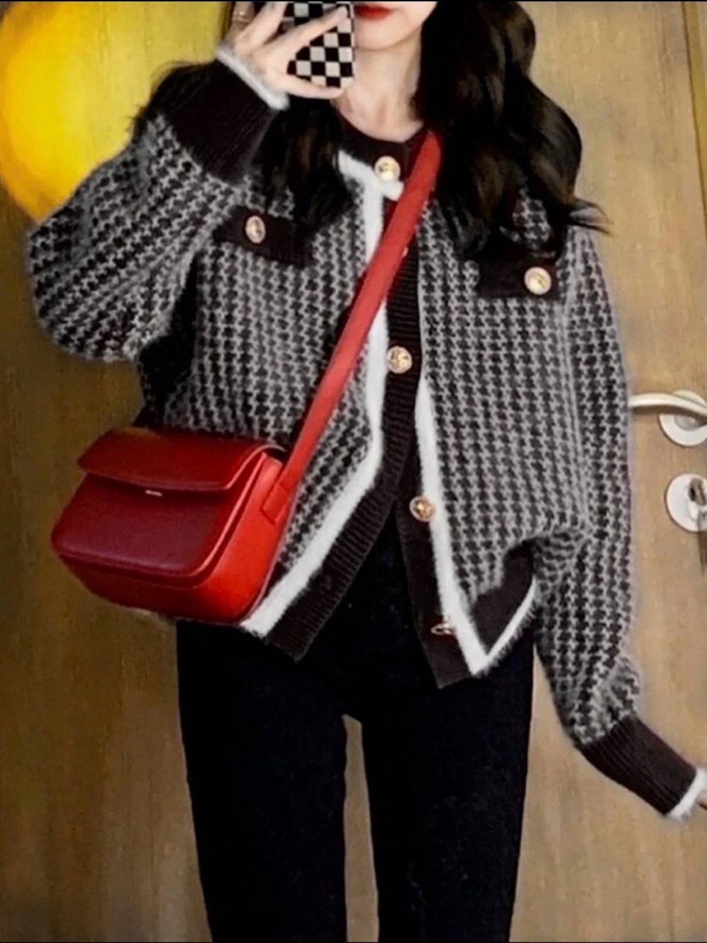 Black & White Houndstooth Knit Cardigan with Gold Buttons